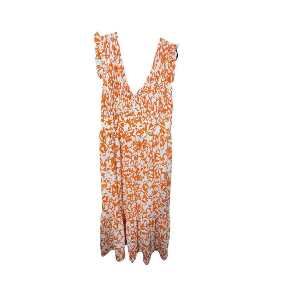 London Times Dress Maxi Midi V-neck 8 M Orange Ivory elastic waist stretch
